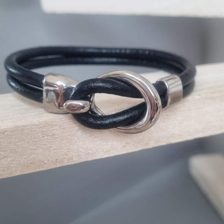 Bracelet unisexe cuir rond noir et fermoir crochet argent