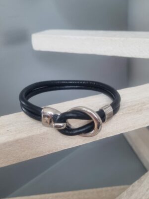 Bracelet unisexe cuir rond noir et fermoir crochet argent