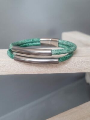 Bracelet femme cuir rond et tubes acier
