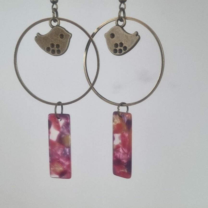 Boucle d'oreille oiseau bronze et pendentif acétate