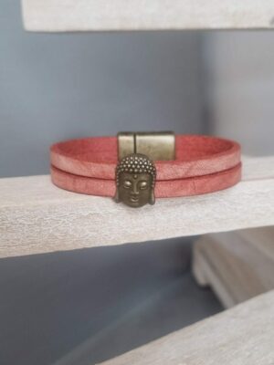 Bracelet femme cuir rouge corail et bouddha bronze