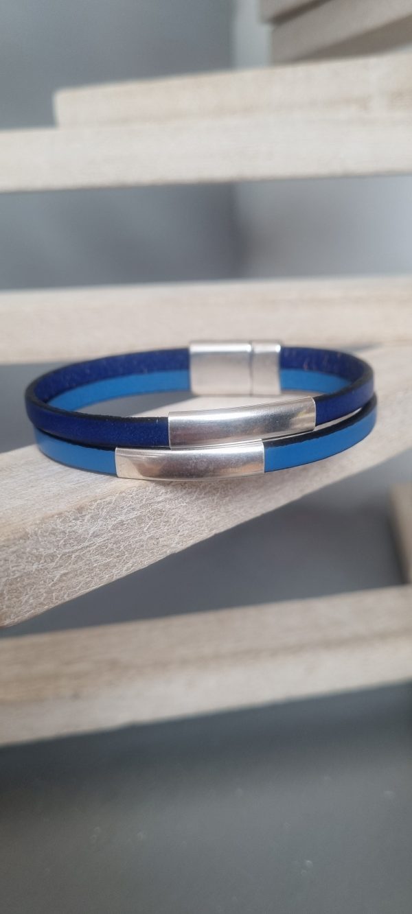 2CUI7 - 23€ Bracelet unisexe deux cuirs et tubes argentés