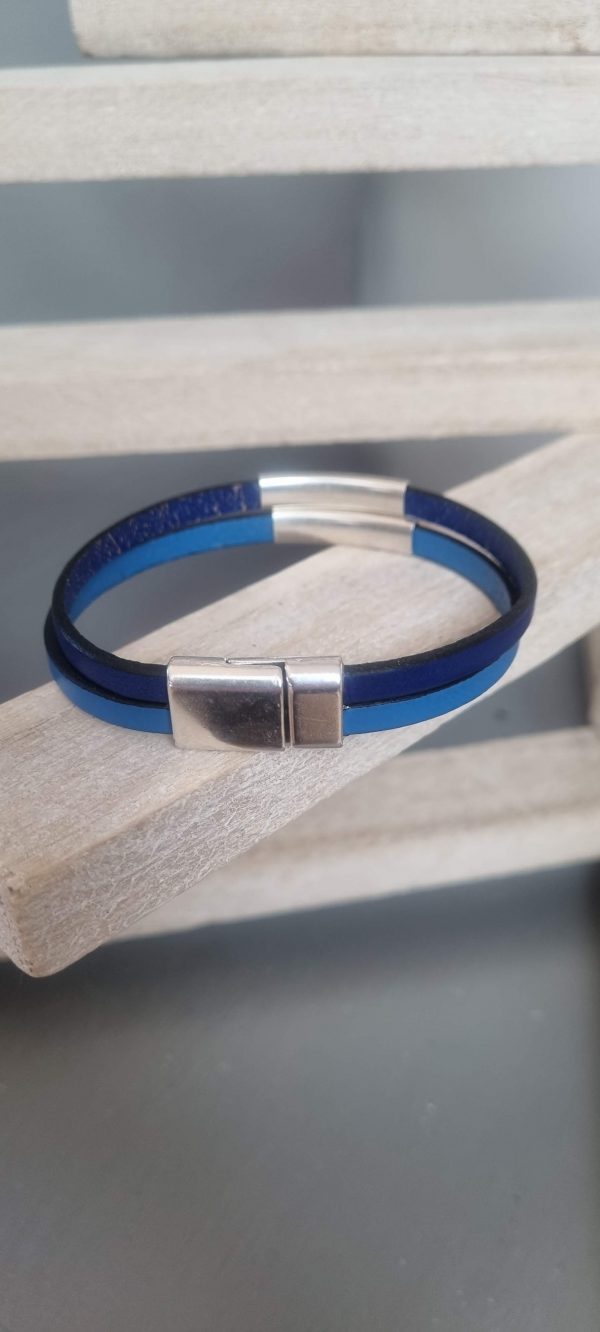 2CUI7B Bracelet unisexe deux cuirs et tubes argentés