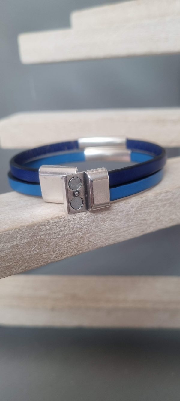 2CUI7C Bracelet unisexe deux cuirs et tubes argentés