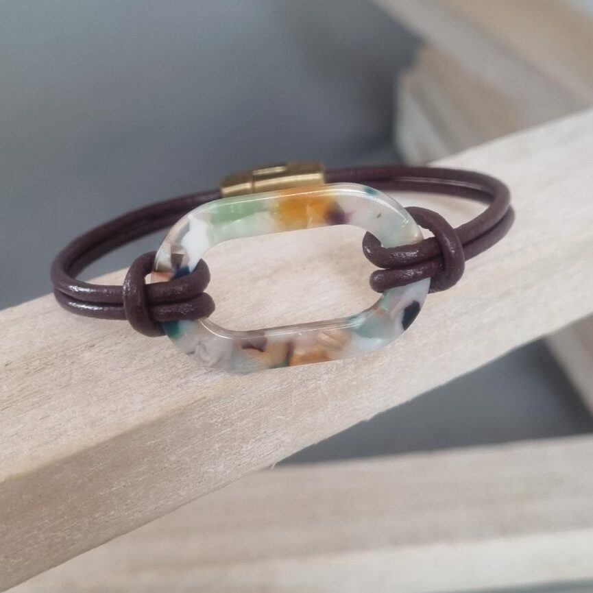 Bracelet femme cuir rond et passant en acétate bleu