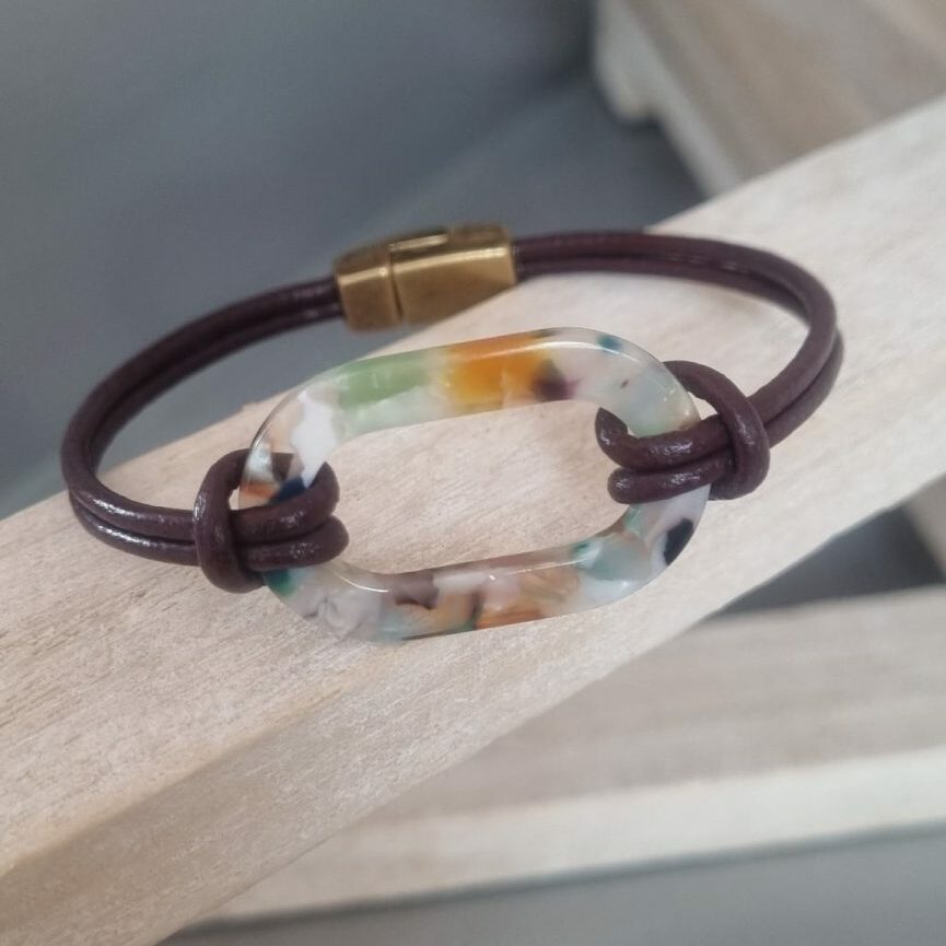 Bracelet femme cuir rond et passant en acétate bleu