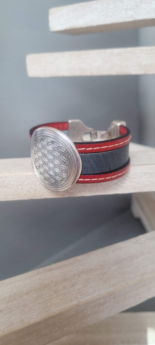 Manchette femme 20 mm en cuir gris et rouge passant en zamak argenté