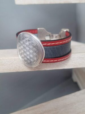 Manchette femme 20 mm en cuir gris et rouge passant en zamak argenté