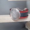 Manchette femme 20 mm en cuir gris et rouge passant en zamak argenté