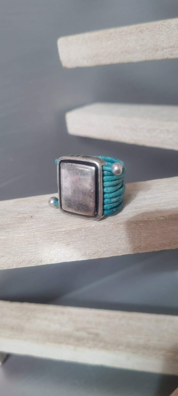 Bague cuir rond turquoise et passant 20mm argenté