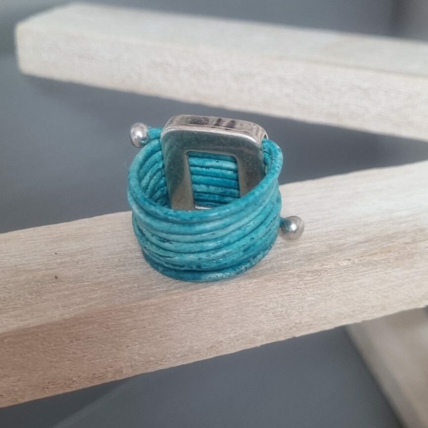Bague cuir rond turquoise et passant 20mm argenté