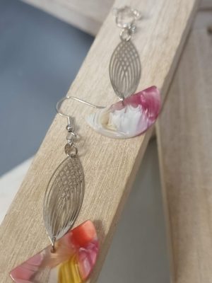 Boucles d'oreilles estampe rhodié et demi lune en acétate