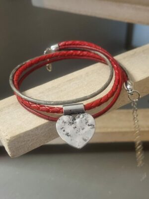 Bracelet femme double tour cuir rouge et gris avec coeur