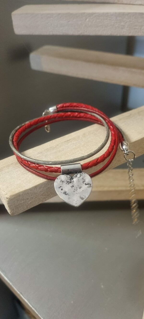 Bracelet femme double tour cuir rouge et gris avec coeur