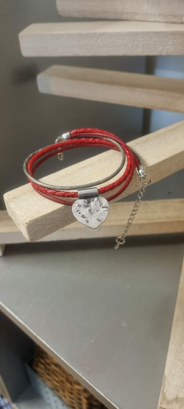 Bracelet femme double tour cuir rouge et gris avec coeur