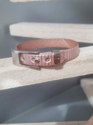 Bracelet cuir plat rayé saumon et argent, fermoir montre