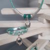 Parure collier et bracelet cuir rond vert et ses passants argentés