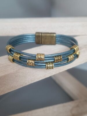 Bracelet femme en cuir rond bleu et perles dorées
