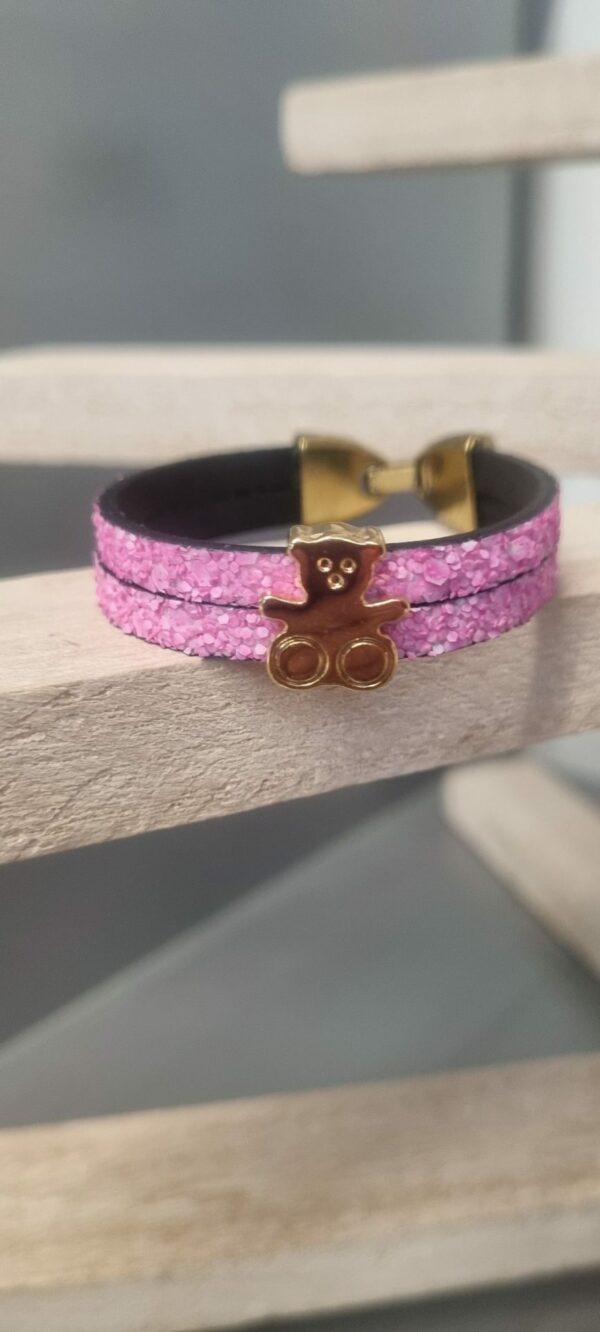 Bracelet enfant cuir plat rose fluo et ours doré