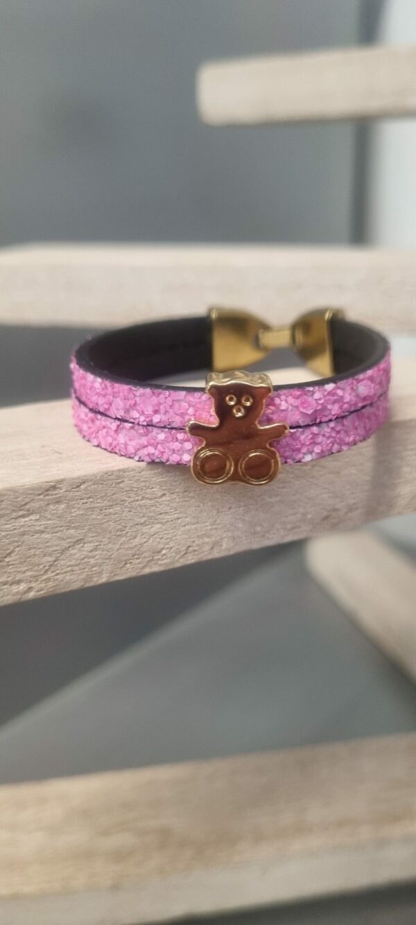 Bracelet enfant cuir plat rose fluo et ours doré