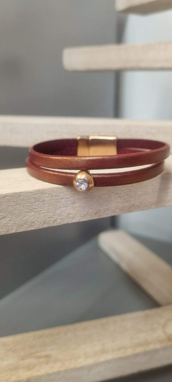 Bracelet femme en cuir bordeaux doré et Swarovski