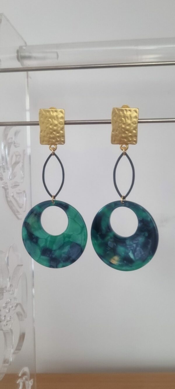 Boucles d'oreilles femme clip doré et pendentif acétate vert