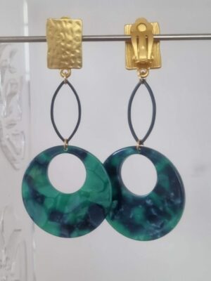 Boucles d'oreilles femme clip doré et pendentif acétate vert