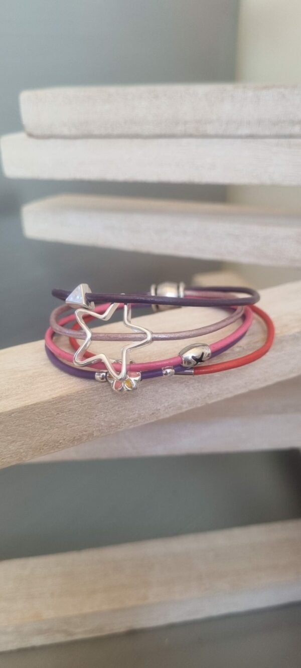 Bracelet enfant, ado en cuir rond rose, violet et orange