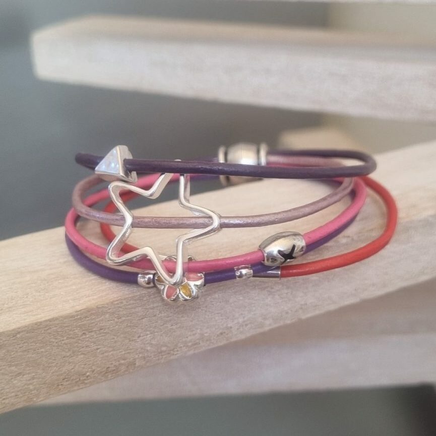 Bracelet enfant, ado en cuir rond rose, violet et orange
