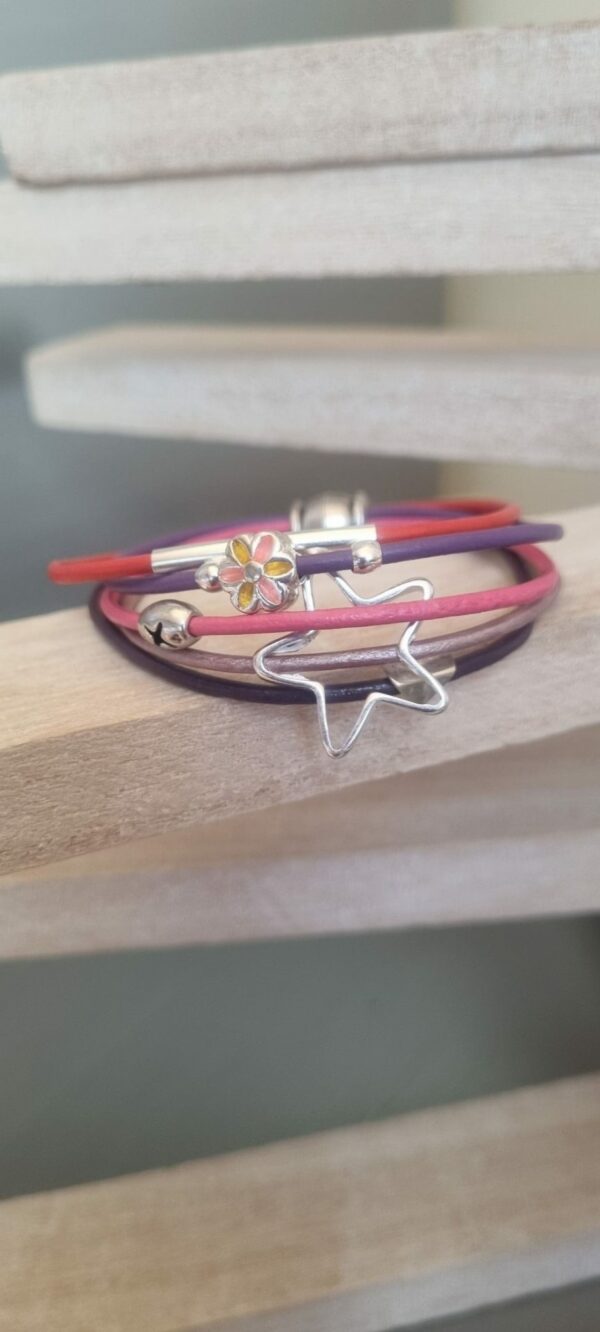 Bracelet enfant, ado en cuir rond rose, violet et orange