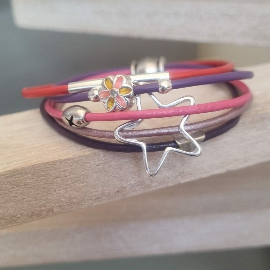 Bracelet enfant, ado en cuir rond rose, violet et orange