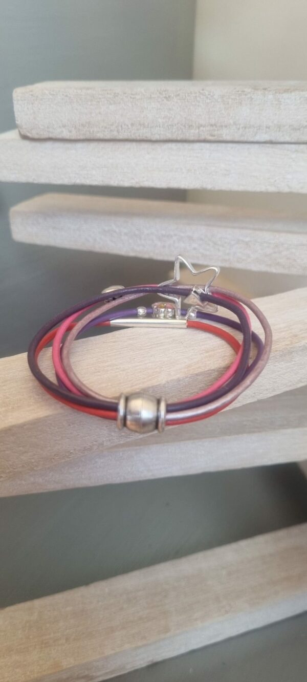 Bracelet enfant, ado en cuir rond rose, violet et orange