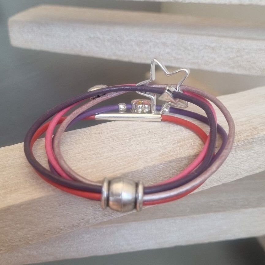 Bracelet enfant, ado en cuir rond rose, violet et orange