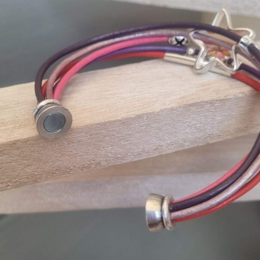 Bracelet enfant, ado en cuir rond rose, violet et orange