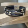 Bracelet homme en cuir rond noir et bleu et passants slide argentés