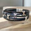 Bracelet homme en cuir rond noir et bleu et passants slide argentés