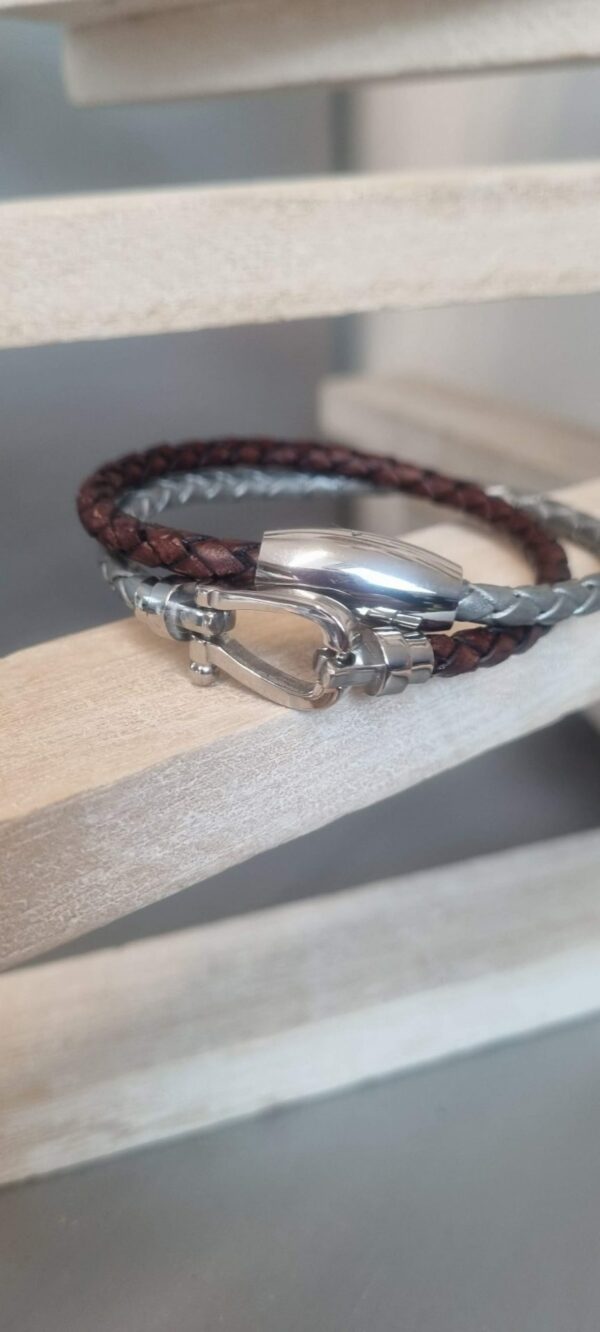 Bracelet homme cuir rond tressé deux couleurs