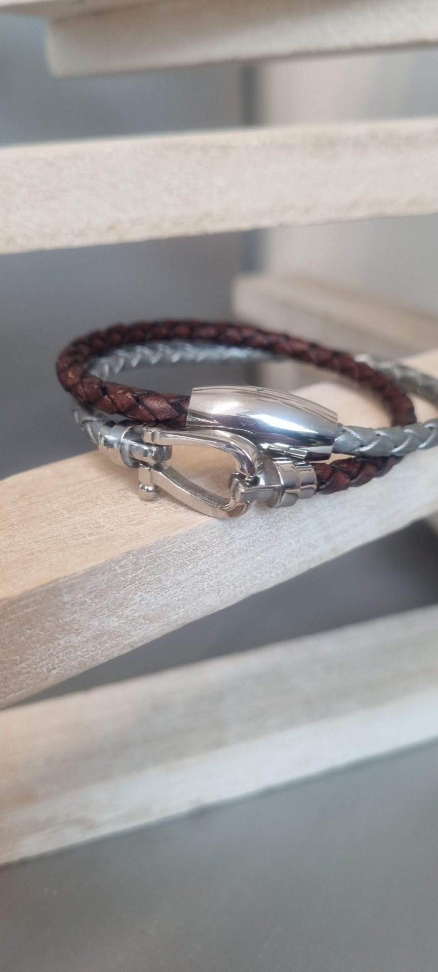 Bracelet homme cuir rond tressé deux couleurs