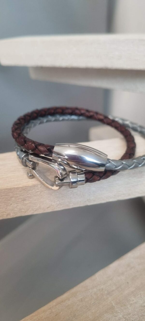 Bracelet homme cuir rond tressé deux couleurs