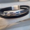 Bracelet homme en cuir plat noir et argenté, passant tube en zamak