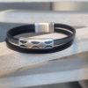 Bracelet homme en cuir plat noir et argenté, passant tube en zamak