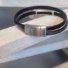 Bracelet homme en cuir plat noir et argenté, passant tube en zamak