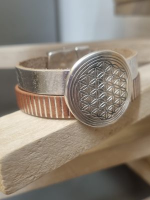 Bracelet femme 20mm en cuir argenté et saumon raye