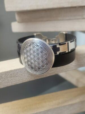 Bracelet femme en cuir noir et cuir géométrique, pastille en zamak argenté