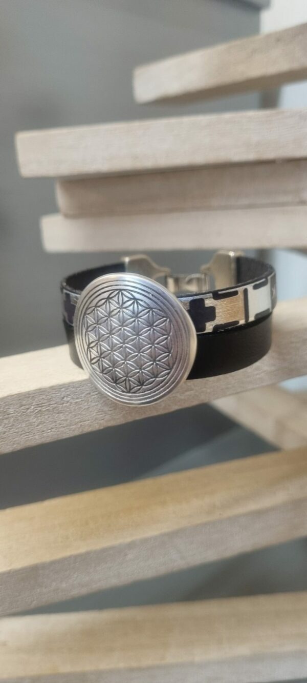 Bracelet femme en cuir noir et cuir géométrique, pastille en zamak argenté