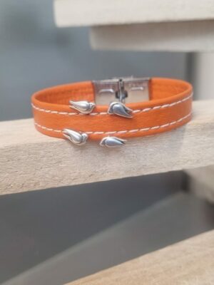 Bracelet enfant, ado en cuir orange et ses oiseaux