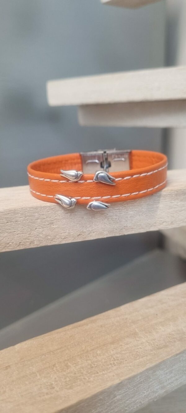 Bracelet enfant, ado en cuir orange et ses oiseaux