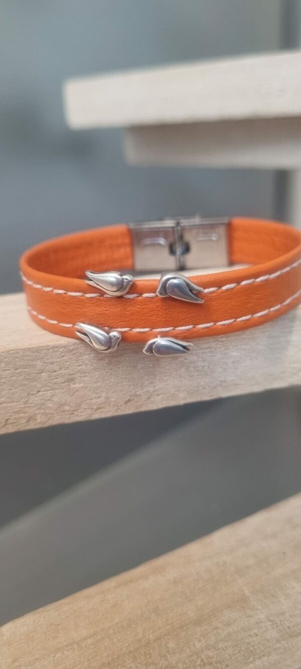 Bracelet enfant, ado en cuir orange et ses oiseaux