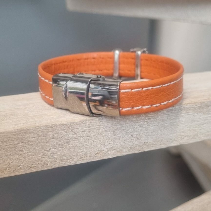 Bracelet enfant, ado en cuir orange et ses oiseaux