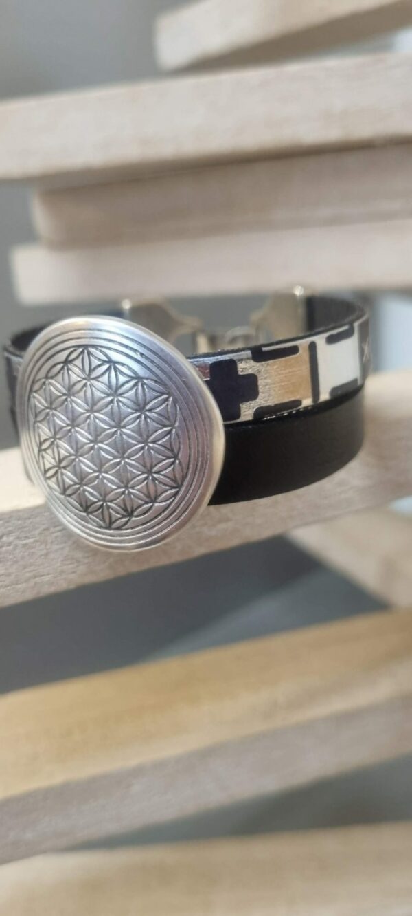 Bracelet femme en cuir noir et cuir géométrique, pastille en zamak argenté